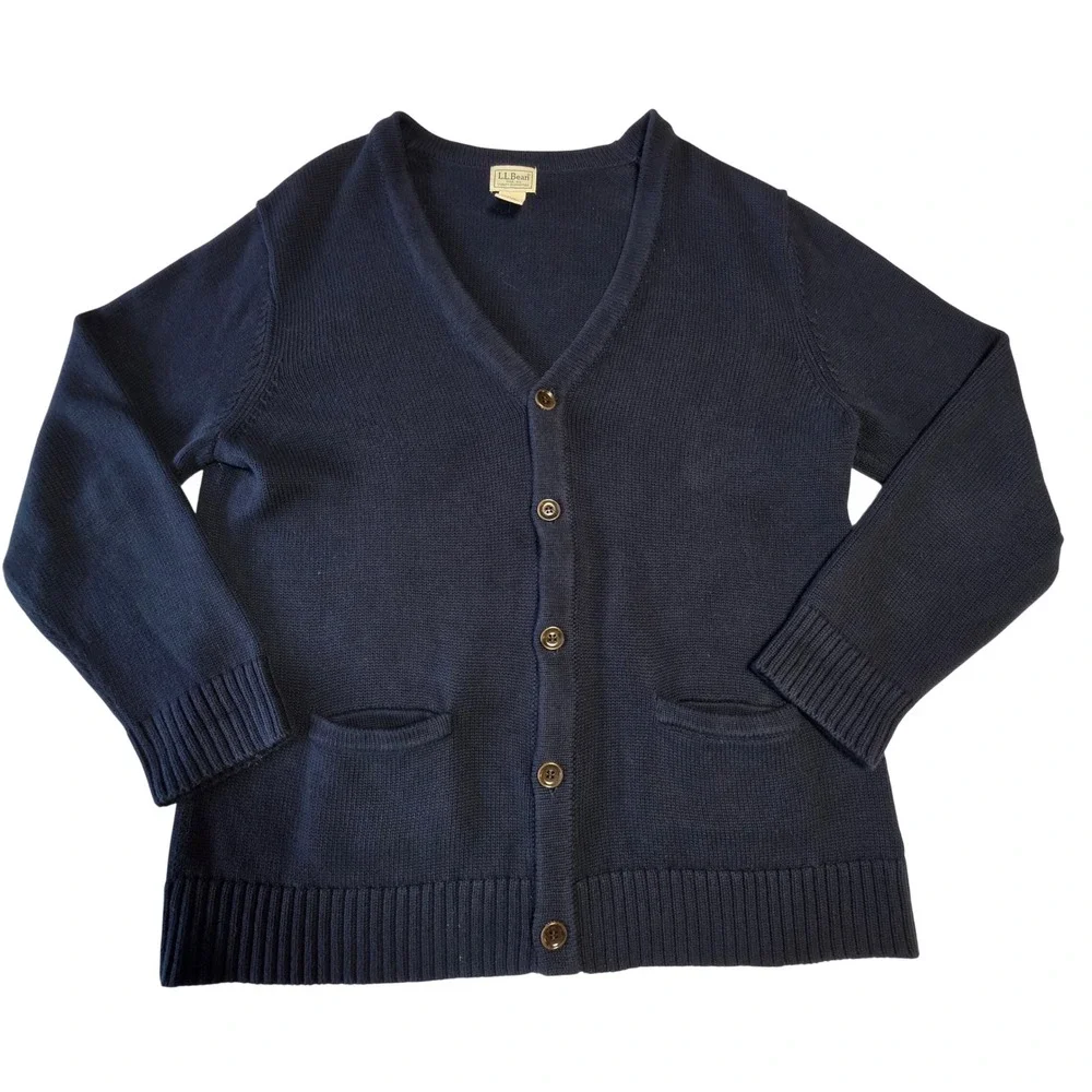 LL Bean Cardigan Sweater Cotton Knit V-Neck Large Navy Blue Grandpacore‎